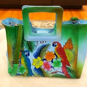 Turquoise hand painted leather handbag with strap, 11" x 9 1/2"